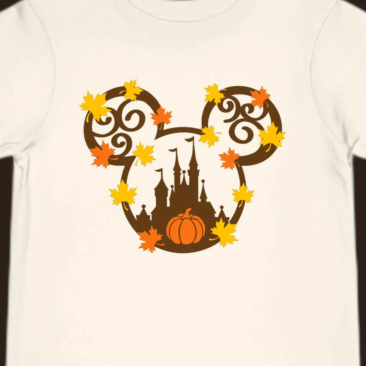 Autumn mickey castle graphic with pumpkin and maple leaves.