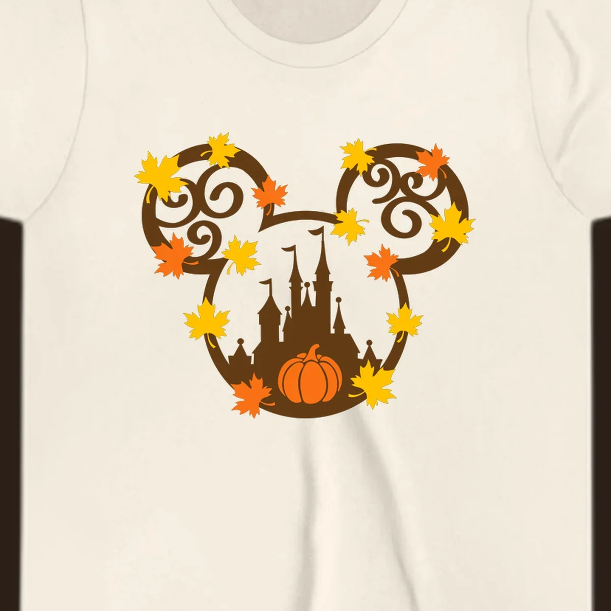 Autumn mickey castle graphic with pumpkin and maple leaves.