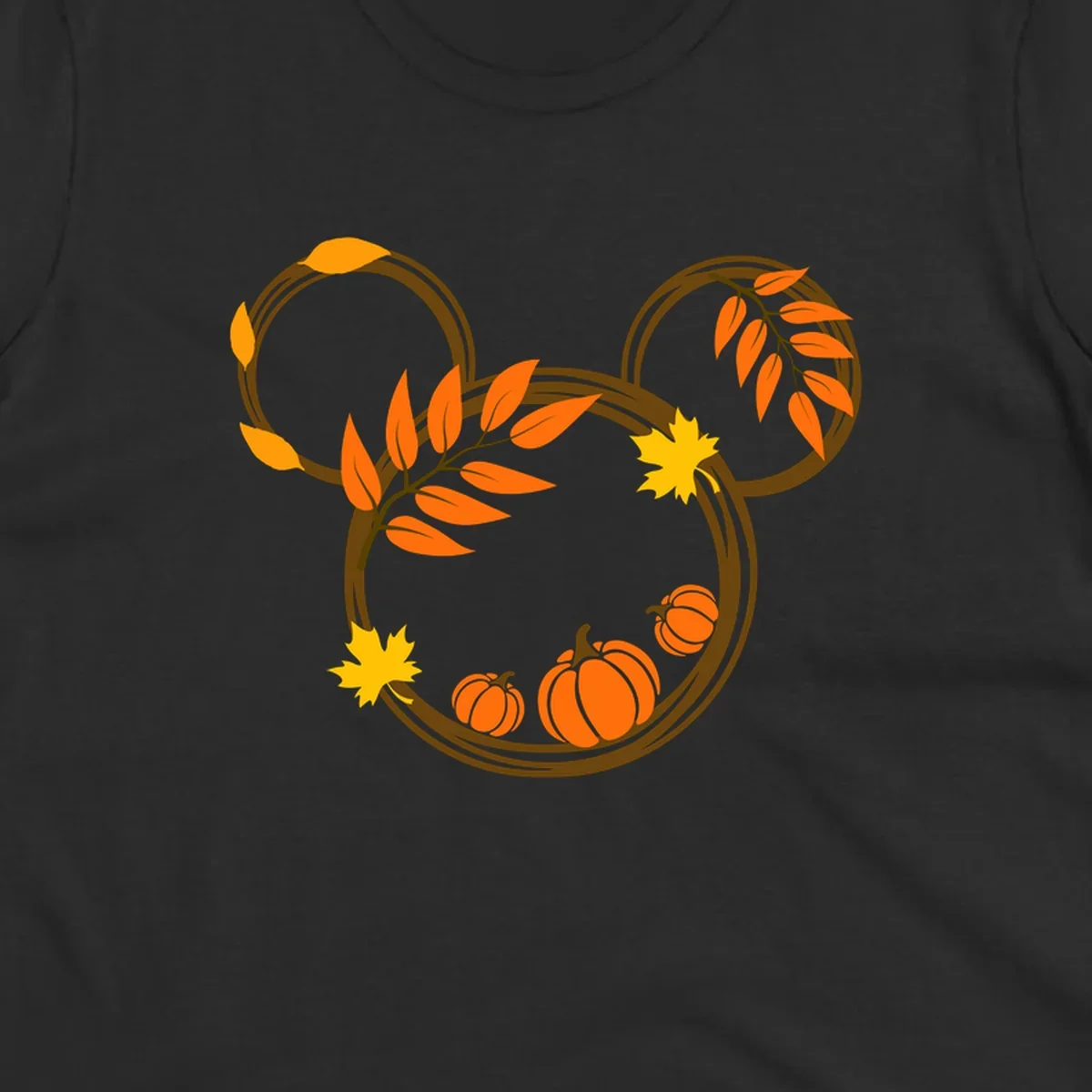 Mickey autumn leaves and pumpkins graphic with branches and pumpkins.