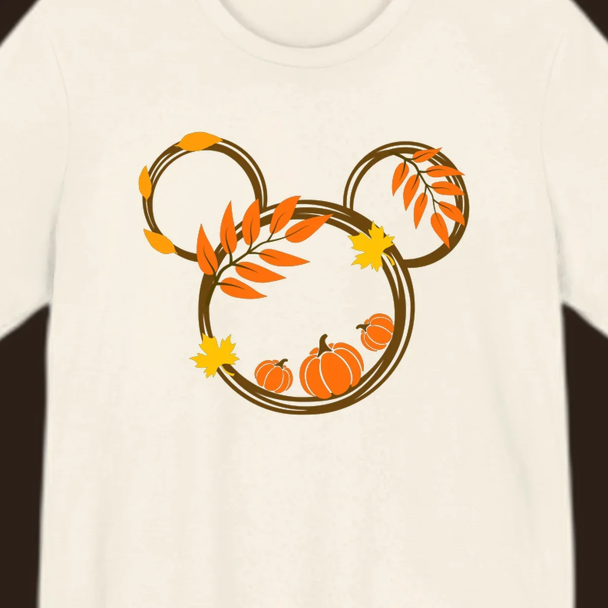 Mickey autumn leaves and pumpkins graphic with branches and pumpkins.