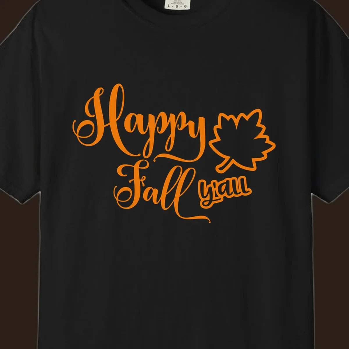 Happy Fall y'all text with autumn leaf outline for Thanksgiving shirts.