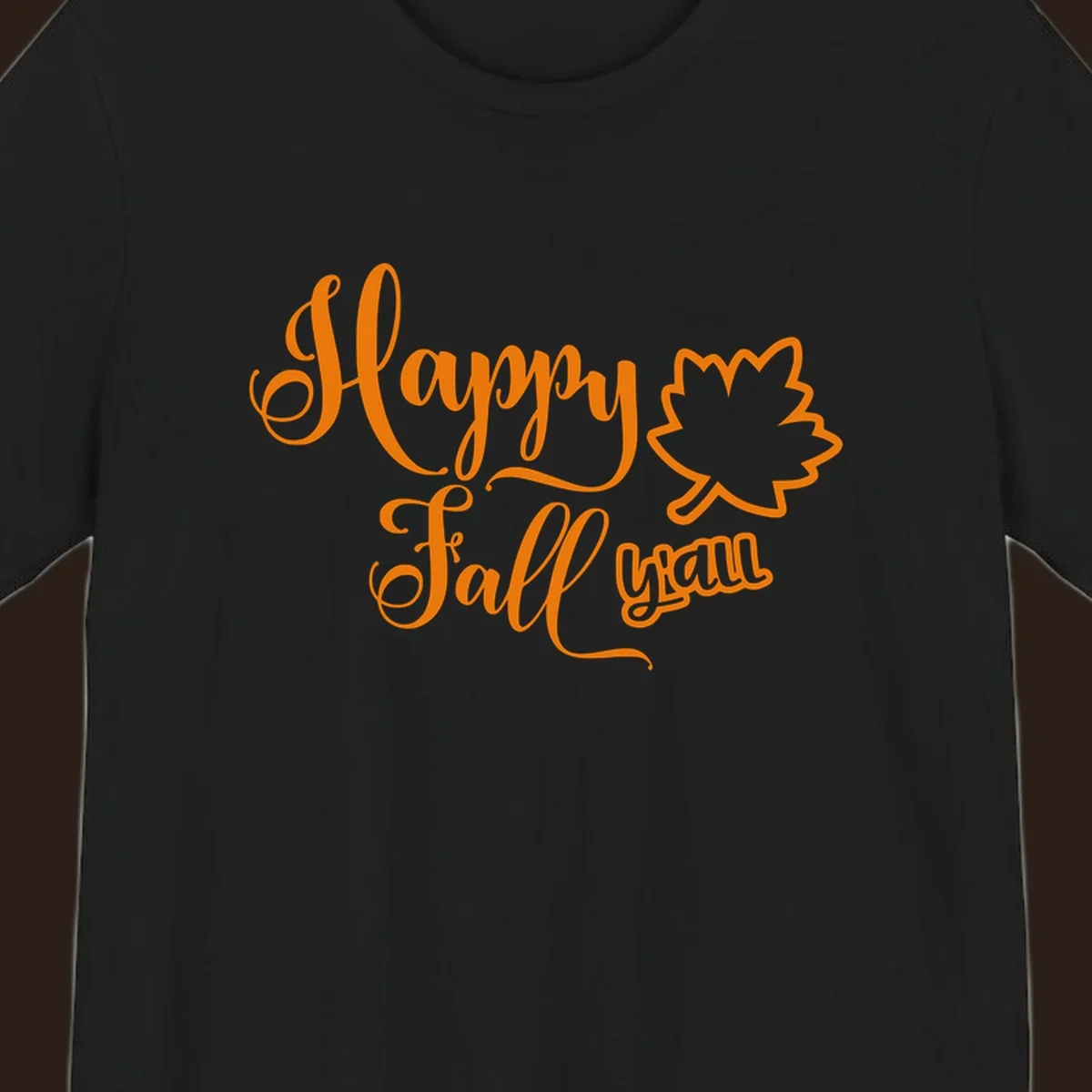 Happy Fall y'all text with autumn leaf outline for Thanksgiving shirts.