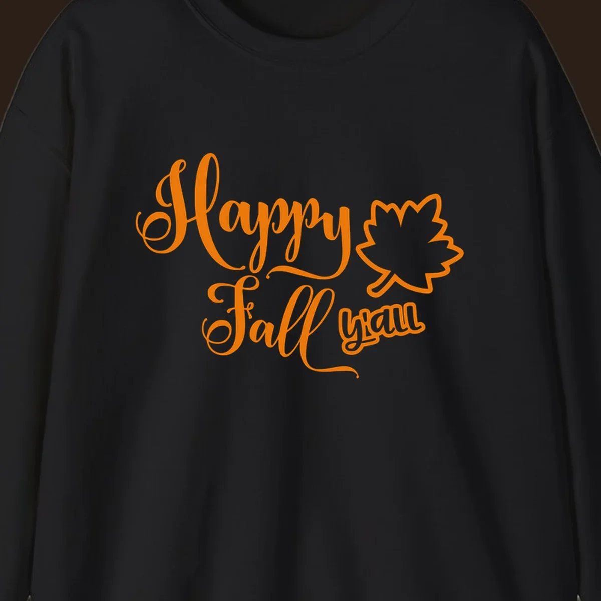 Happy Fall y'all text with autumn leaf outline for Thanksgiving shirts.