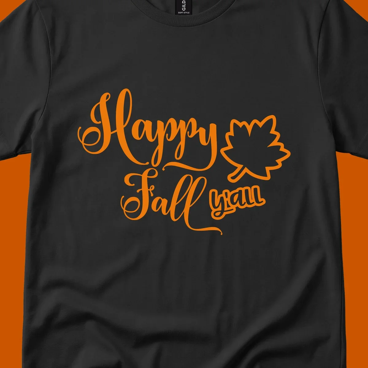 Happy Fall y'all text with autumn leaf outline for Thanksgiving shirts.