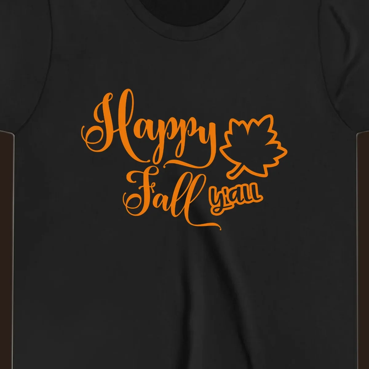 Happy Fall y'all text with autumn leaf outline for Thanksgiving shirts.