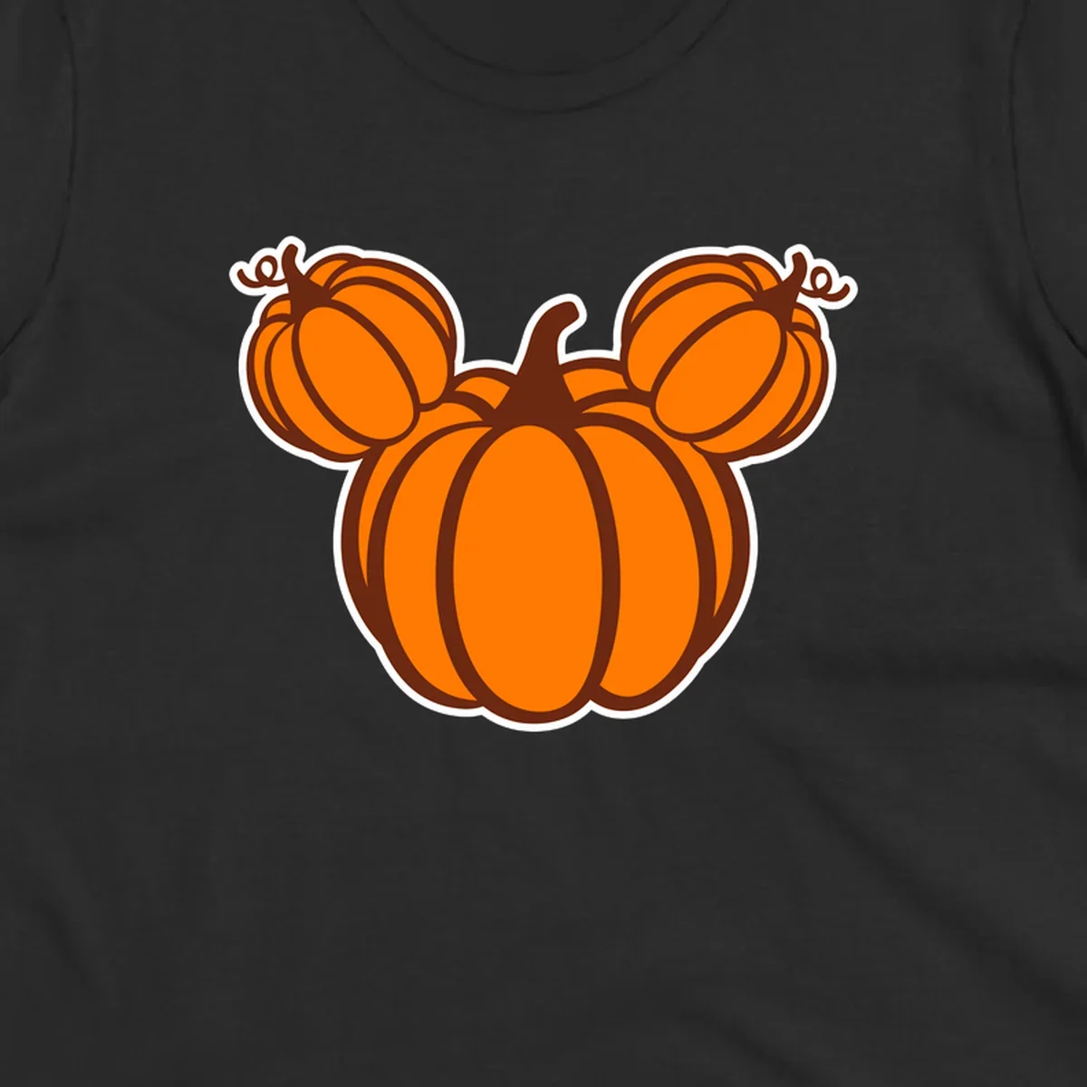 Mickey pumpkin head graphic with orange pumpkins and brown outlines.