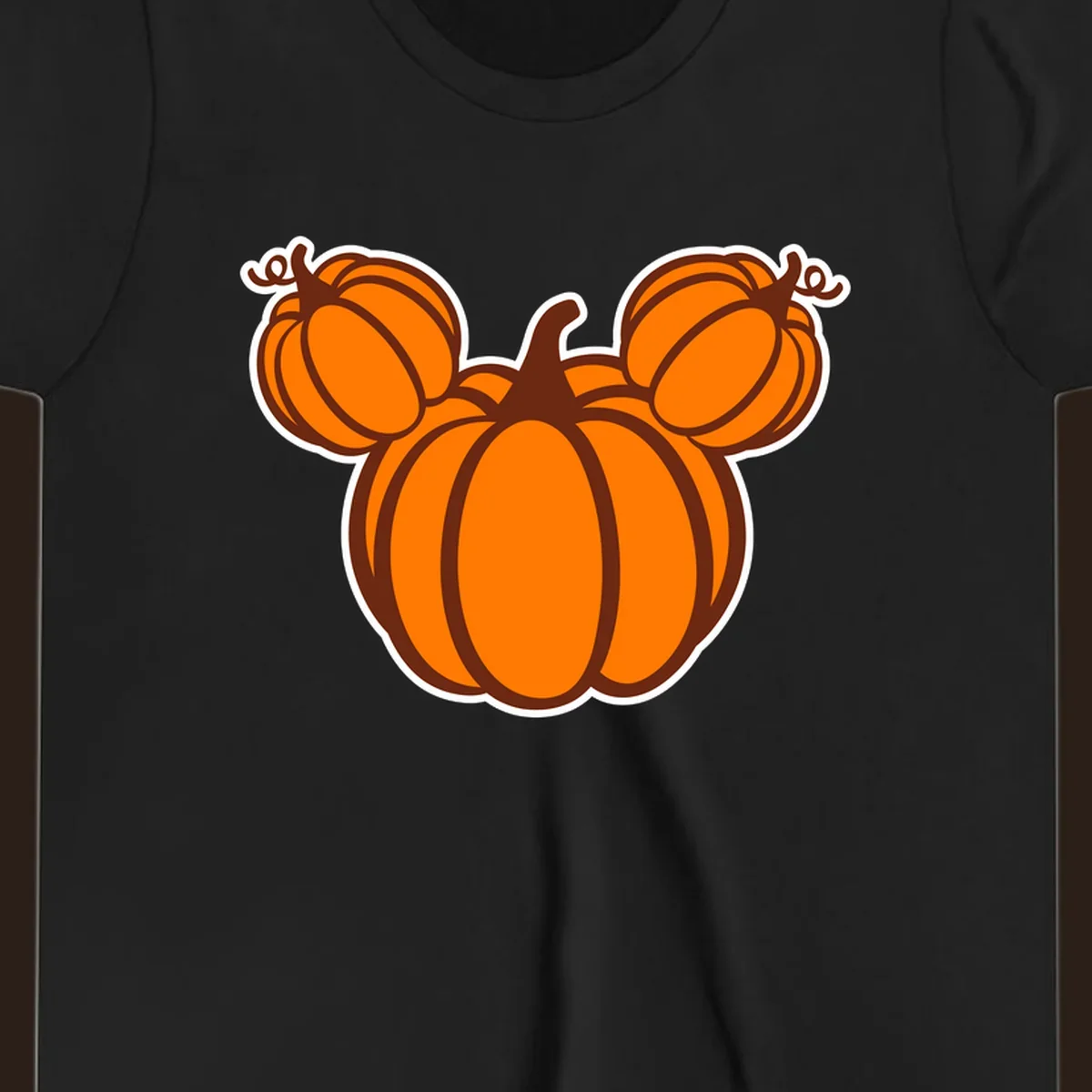 Mickey pumpkin head graphic with orange pumpkins and brown outlines.