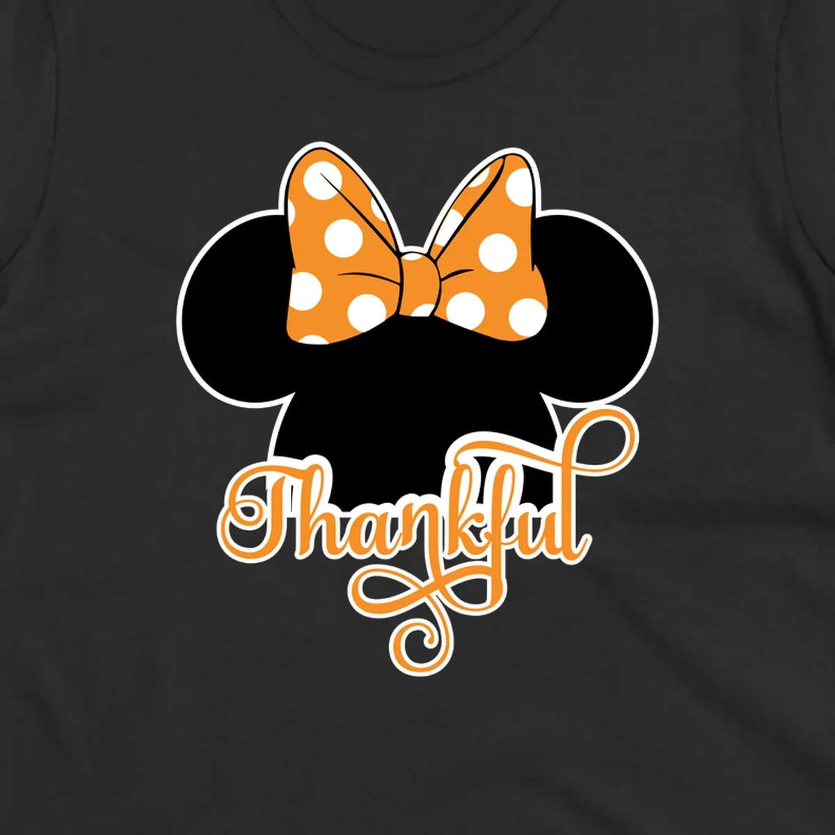 Minnie Mouse ears with orange polka dot bow and "Thankful" text, perfect for Thanksgiving.