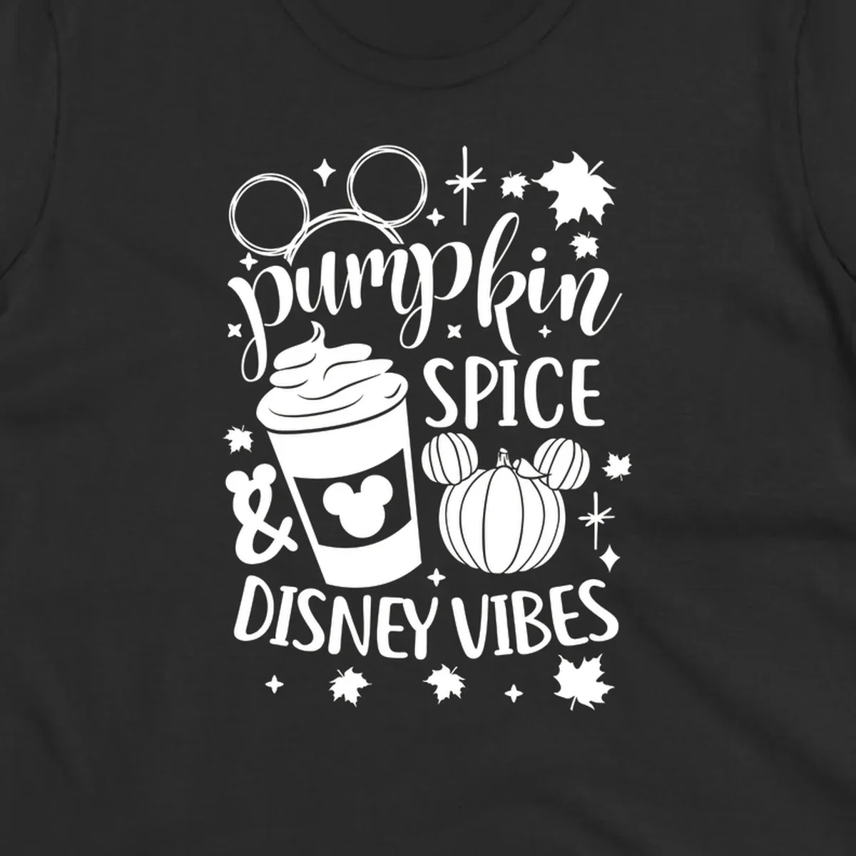 Pumpkin spice and Disney vibes text with Mickey ears, coffee cup, and pumpkin graphic. Pumpkin-spice-disney.