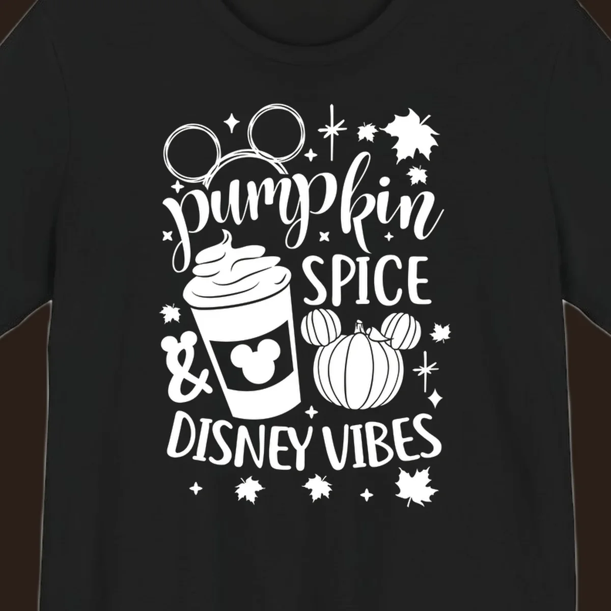 Pumpkin spice and Disney vibes text with Mickey ears, coffee cup, and pumpkin graphic. Pumpkin-spice-disney.