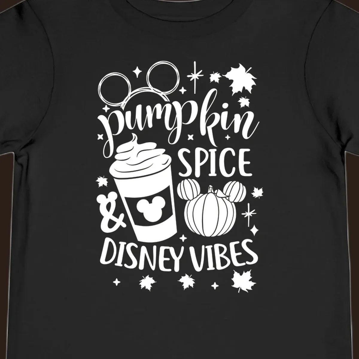 Pumpkin spice and Disney vibes text with Mickey ears, coffee cup, and pumpkin graphic. Pumpkin-spice-disney.