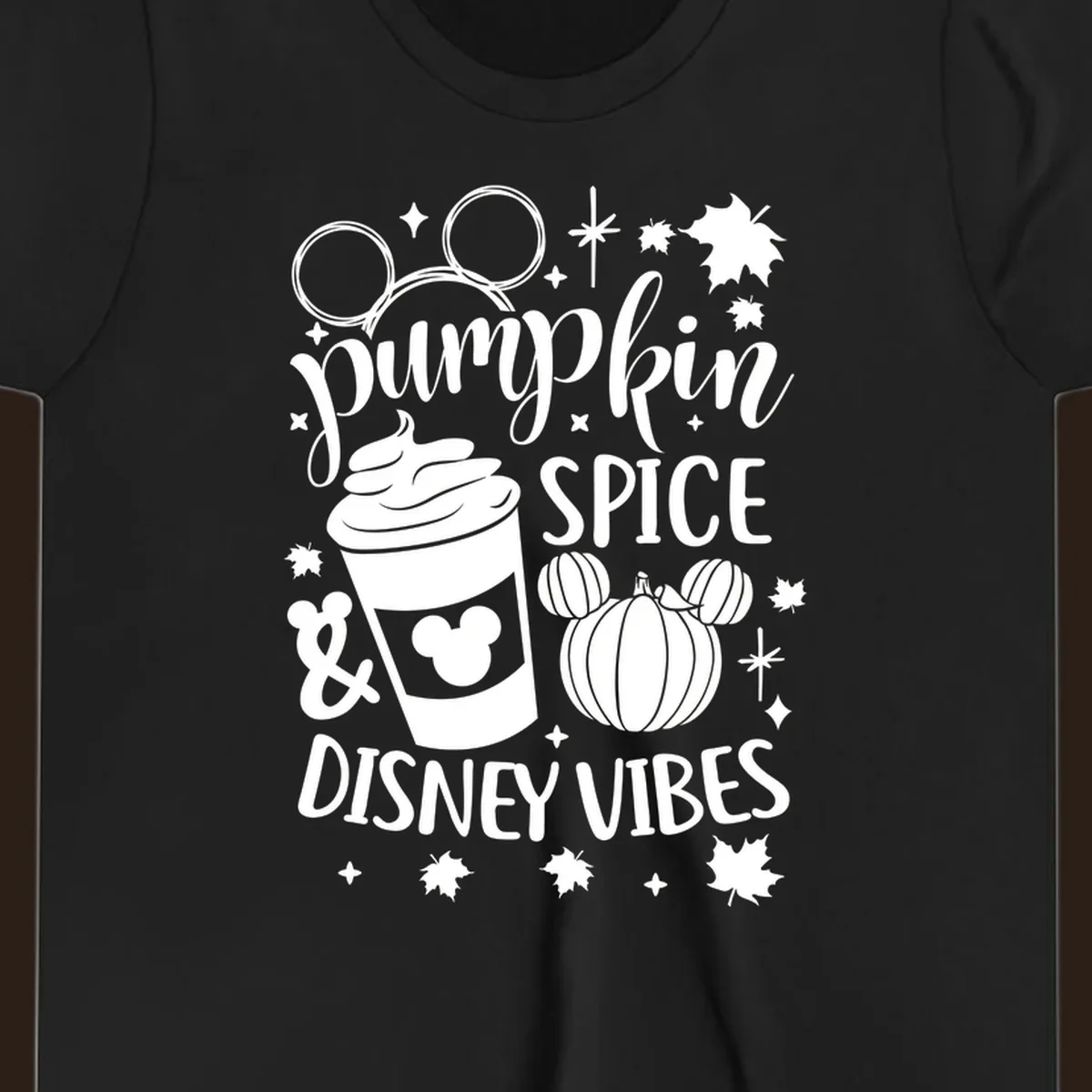 Pumpkin spice and Disney vibes text with Mickey ears, coffee cup, and pumpkin graphic. Pumpkin-spice-disney.
