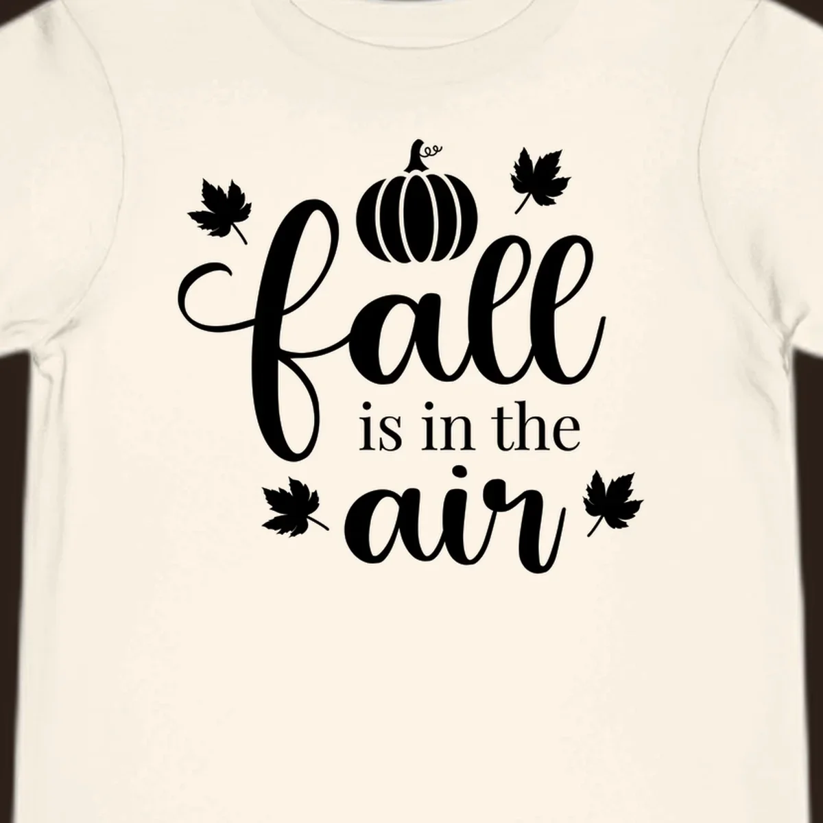 Fall is in the air phrase with pumpkin and maple leaves graphic.