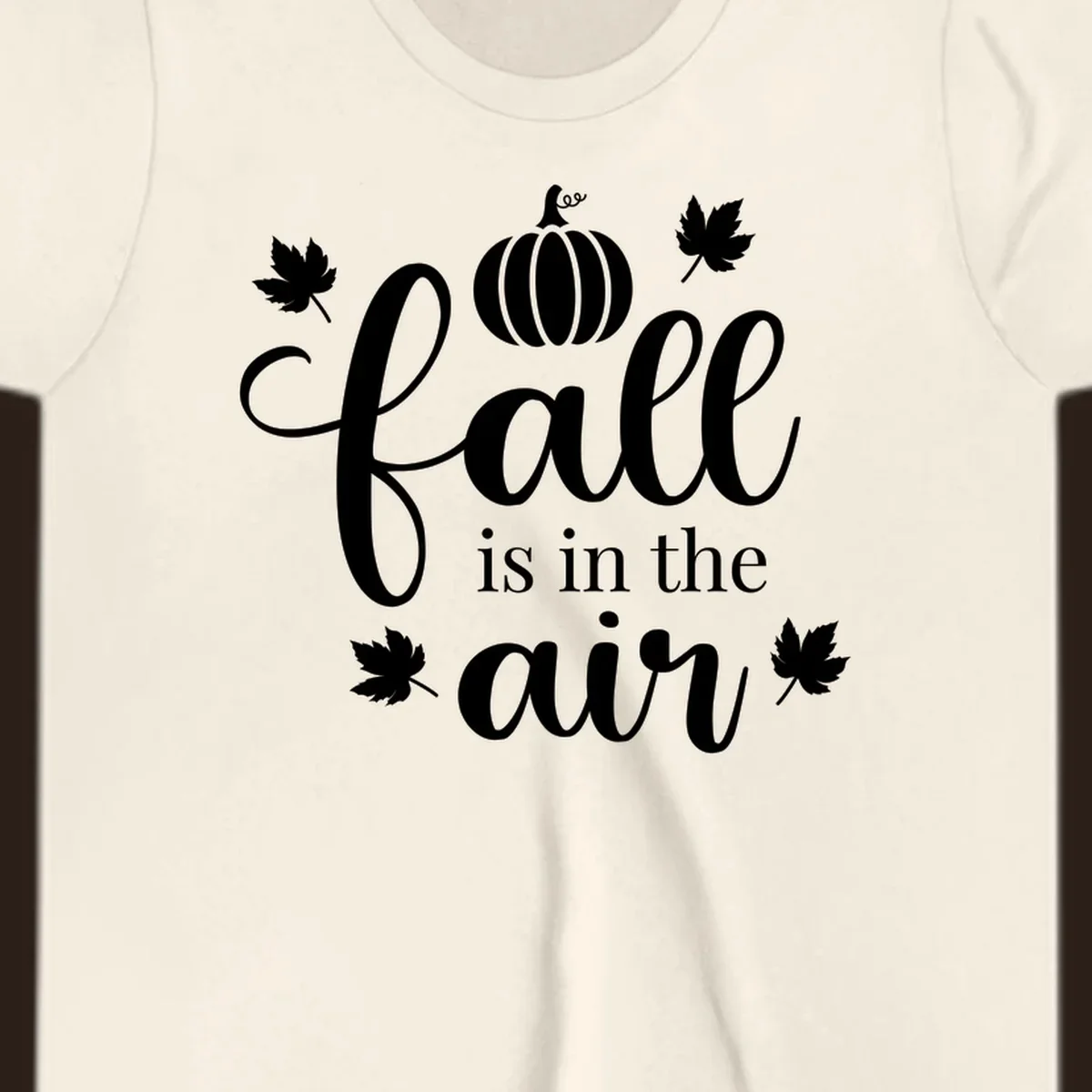 Fall is in the air phrase with pumpkin and maple leaves graphic.