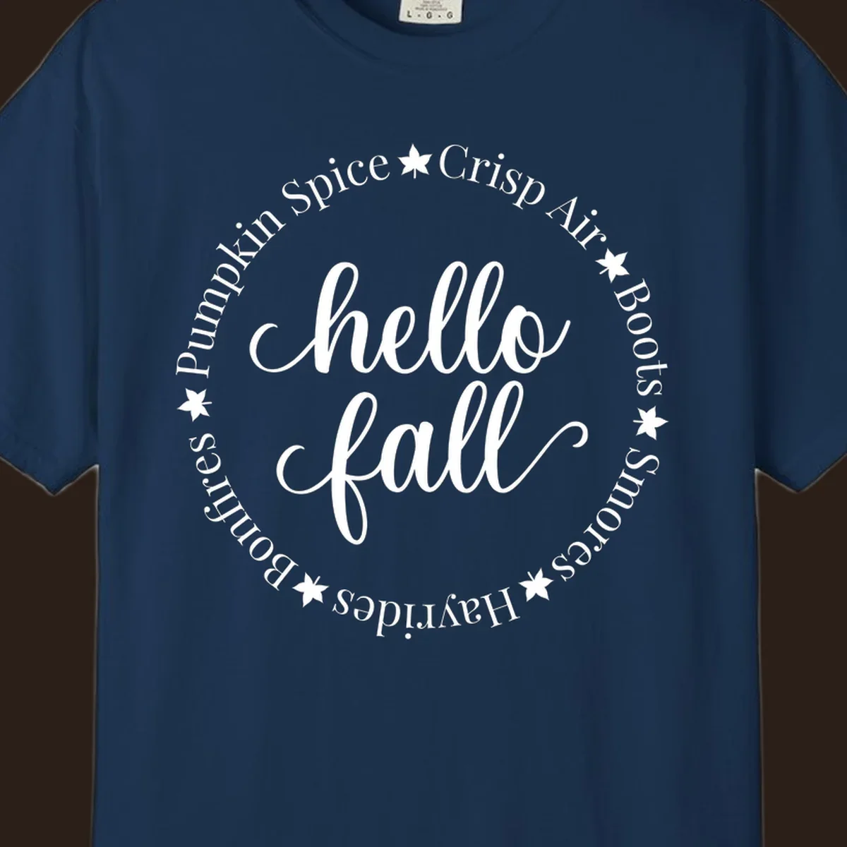 Hello fall autumn circle text design with stars.