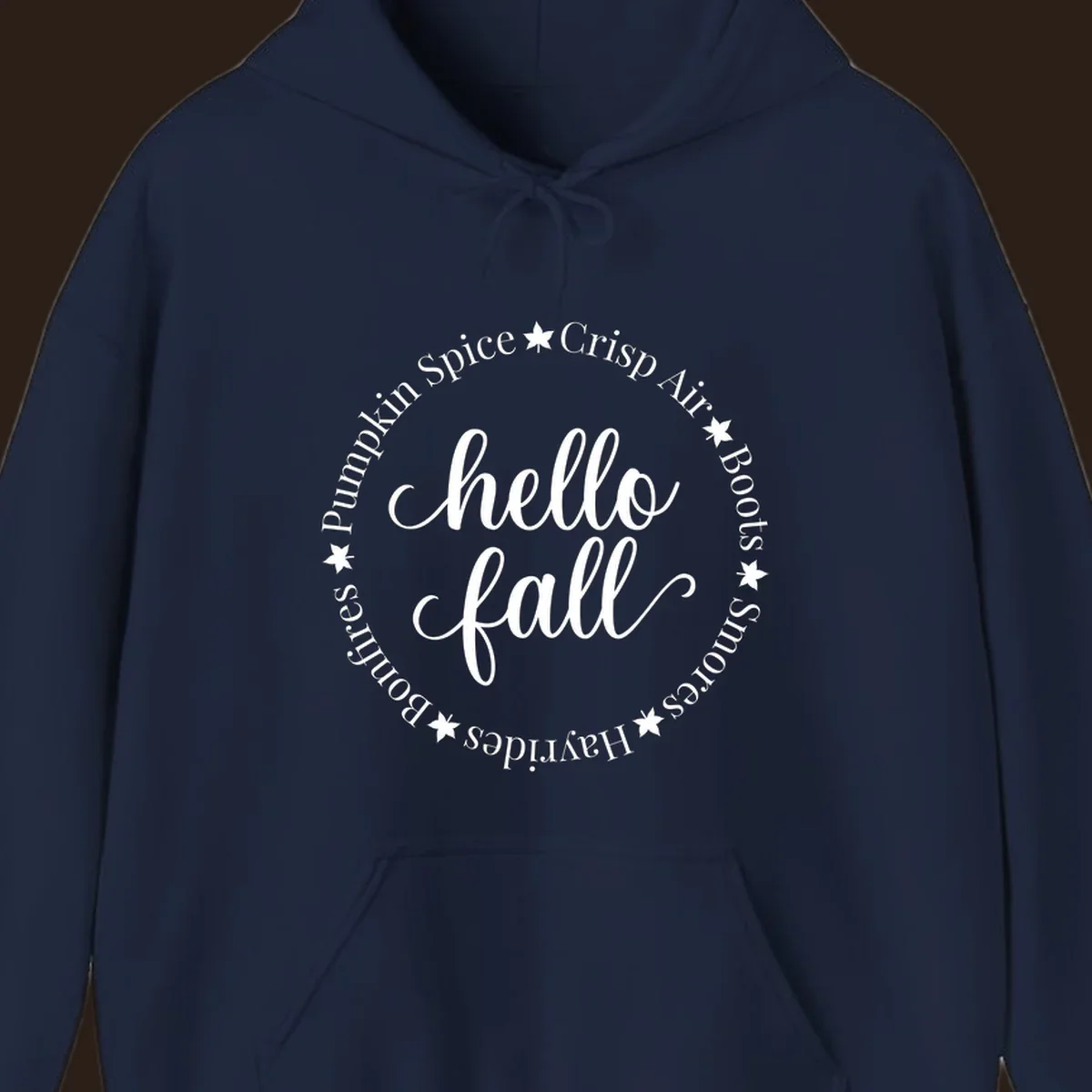 Hello fall autumn circle text design with stars.
