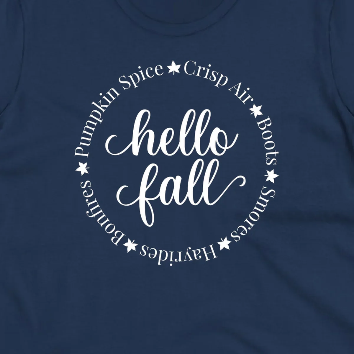 Hello fall autumn circle text design with stars.