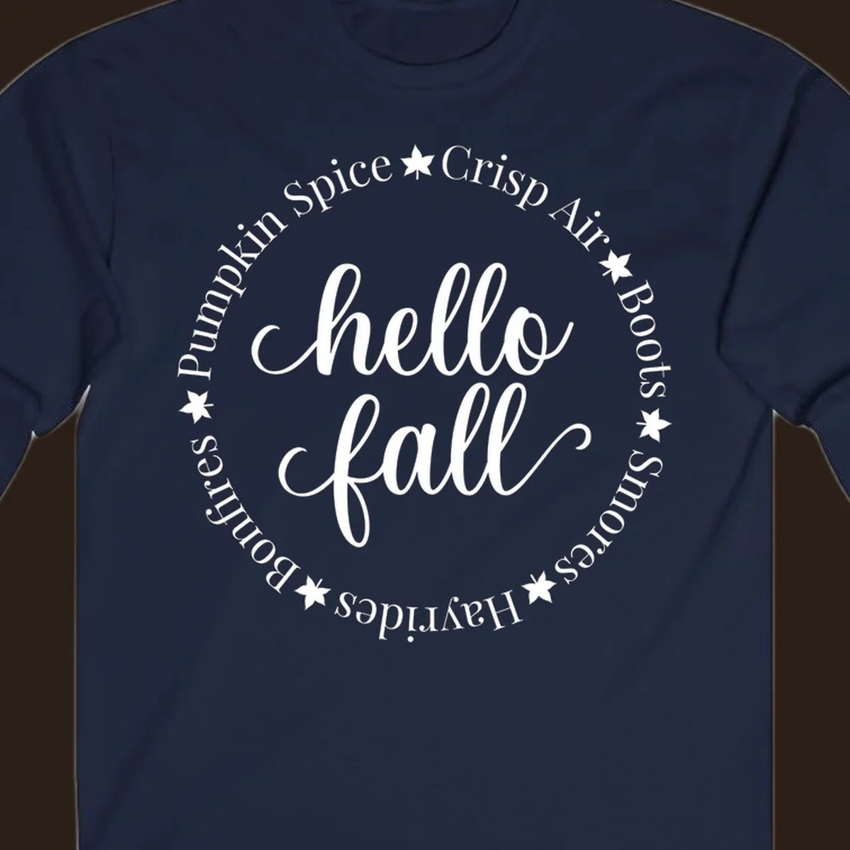 Hello fall autumn circle text design with stars.