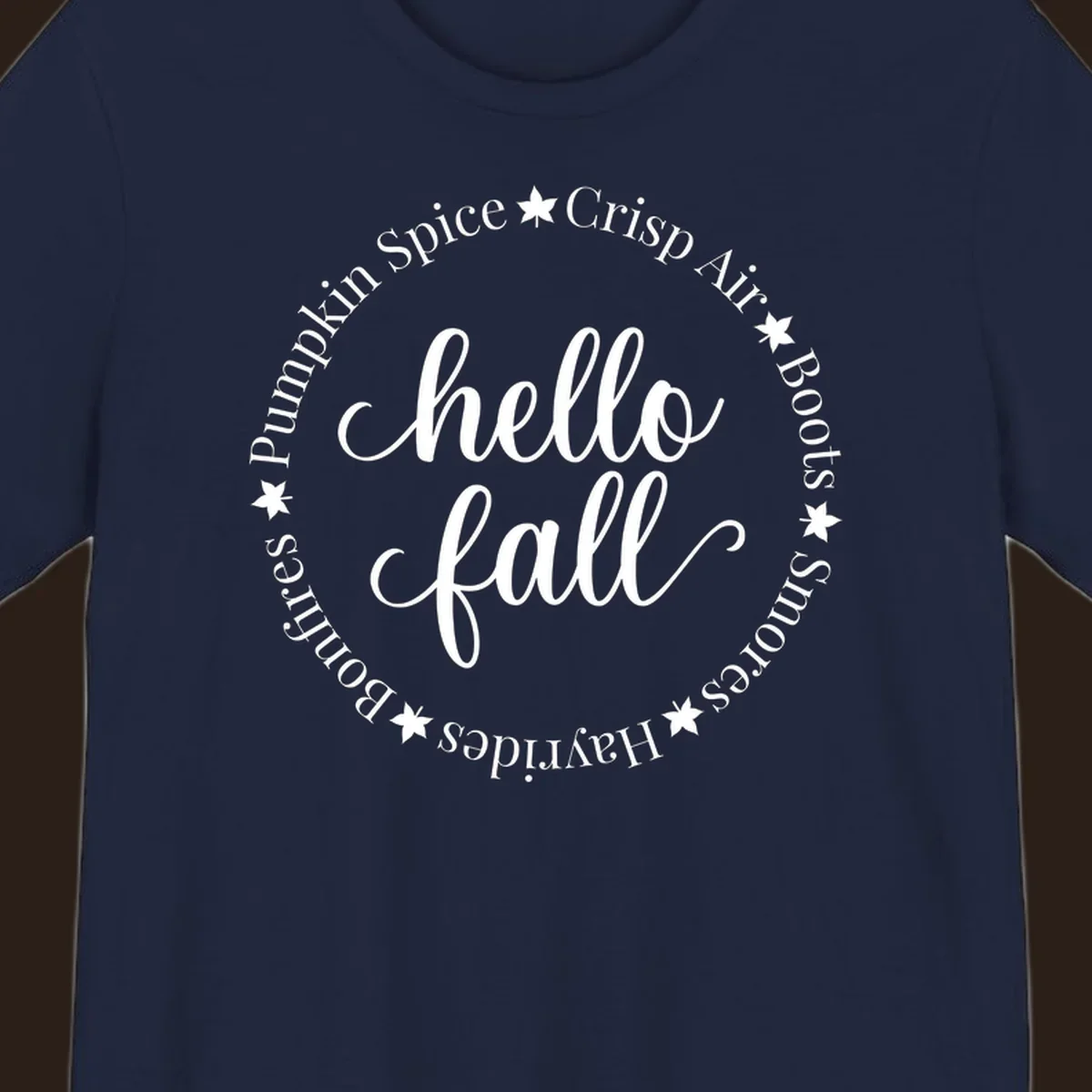 Hello fall autumn circle text design with stars.