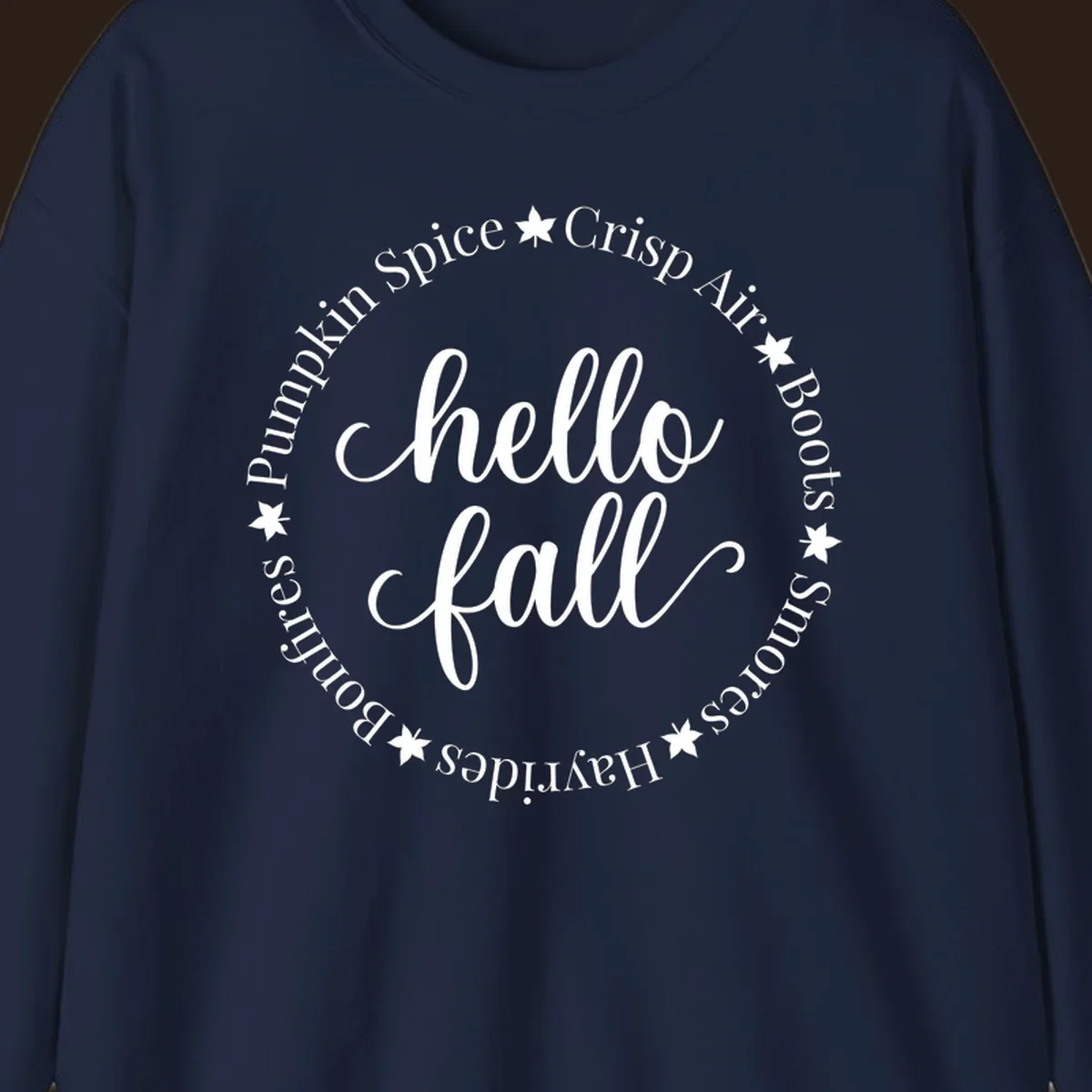 Hello fall autumn circle text design with stars.