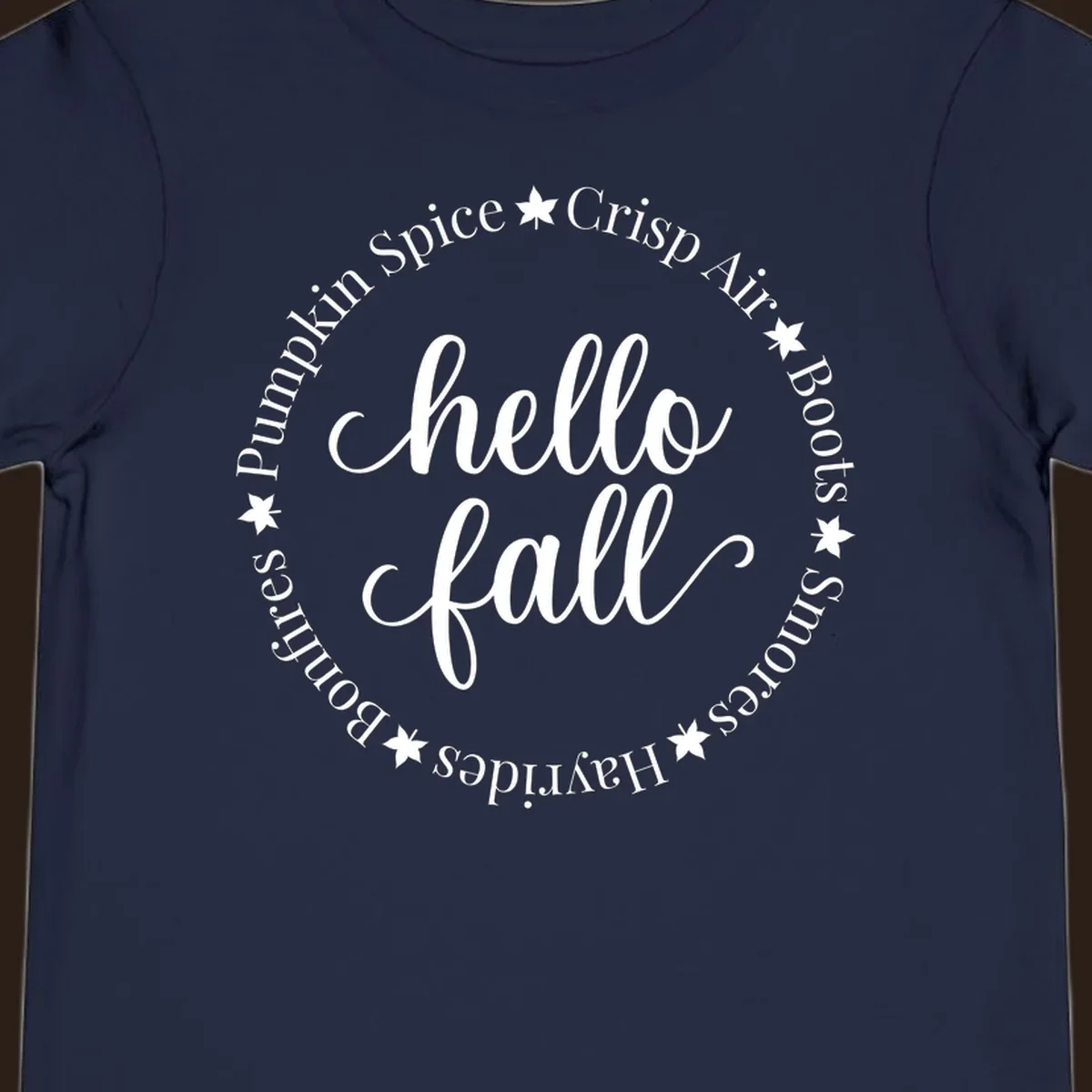 Hello fall autumn circle text design with stars.