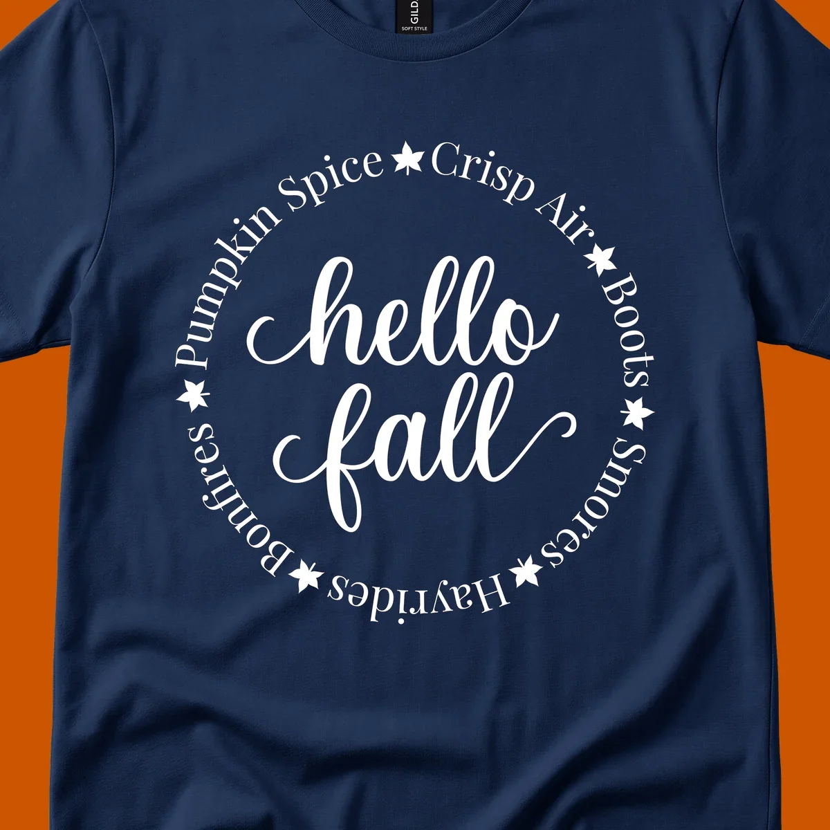 Hello fall autumn circle text design with stars.