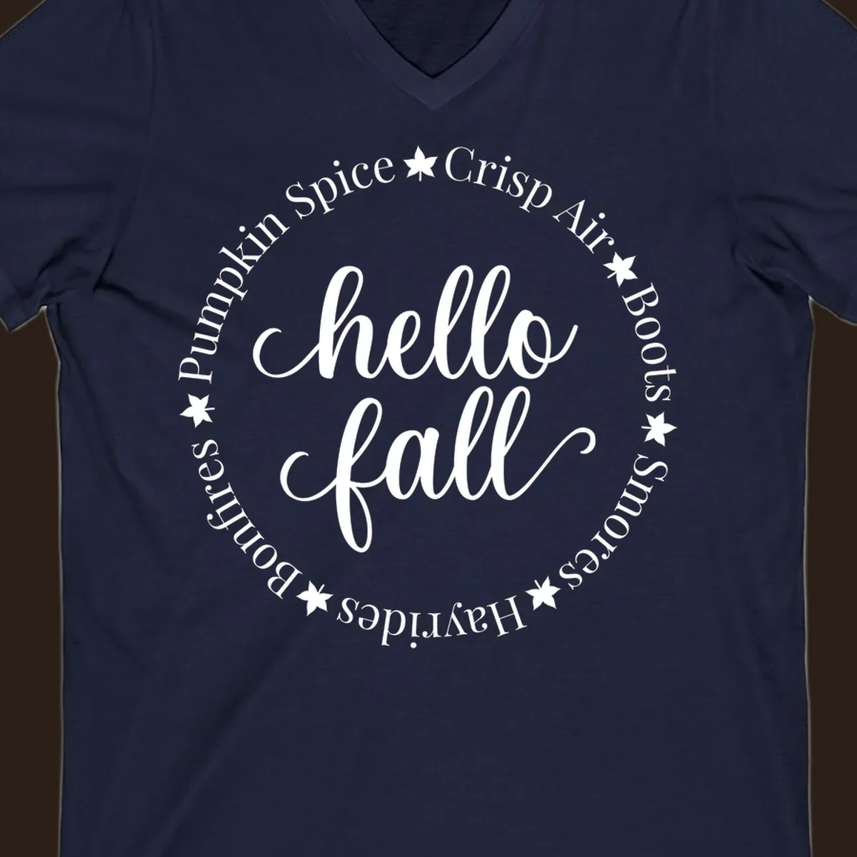 Hello fall autumn circle text design with stars.