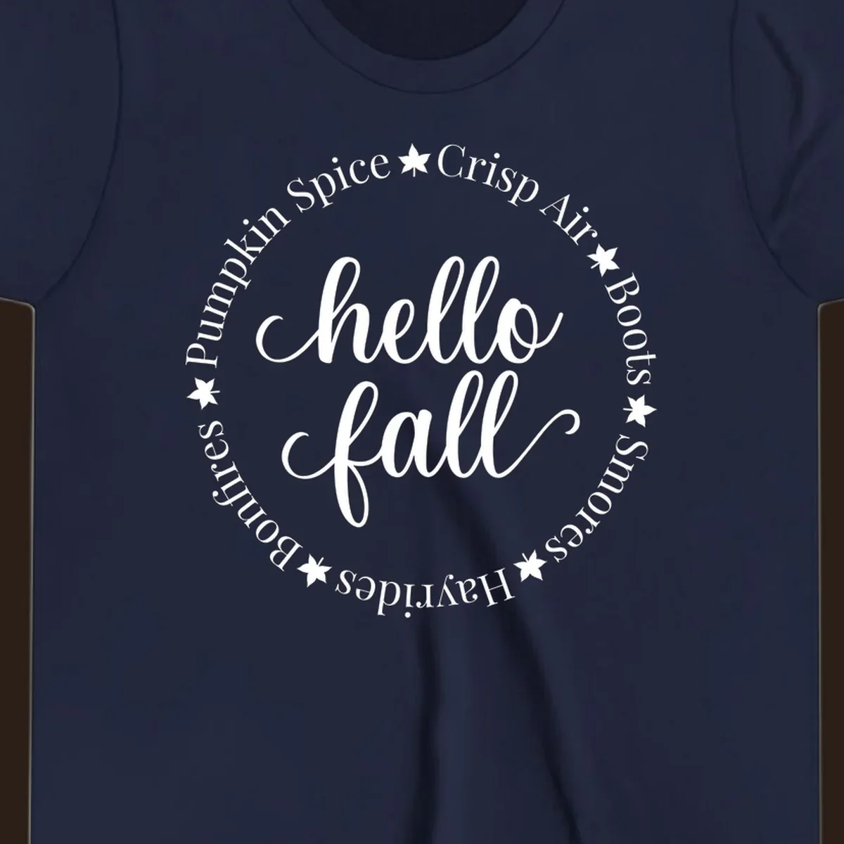 Hello fall autumn circle text design with stars.