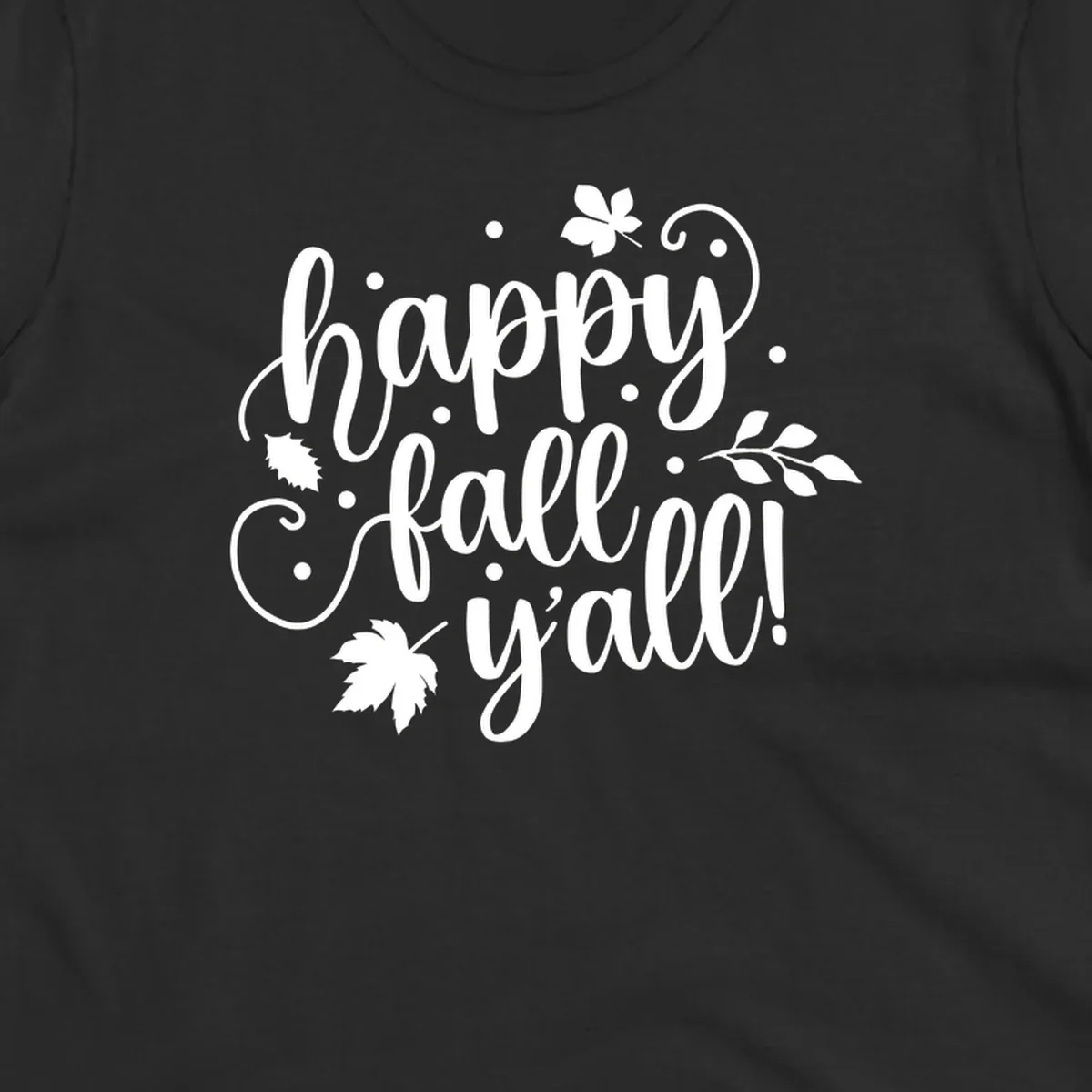 Happy Fall Y'all script design with maple leaves and swirls.