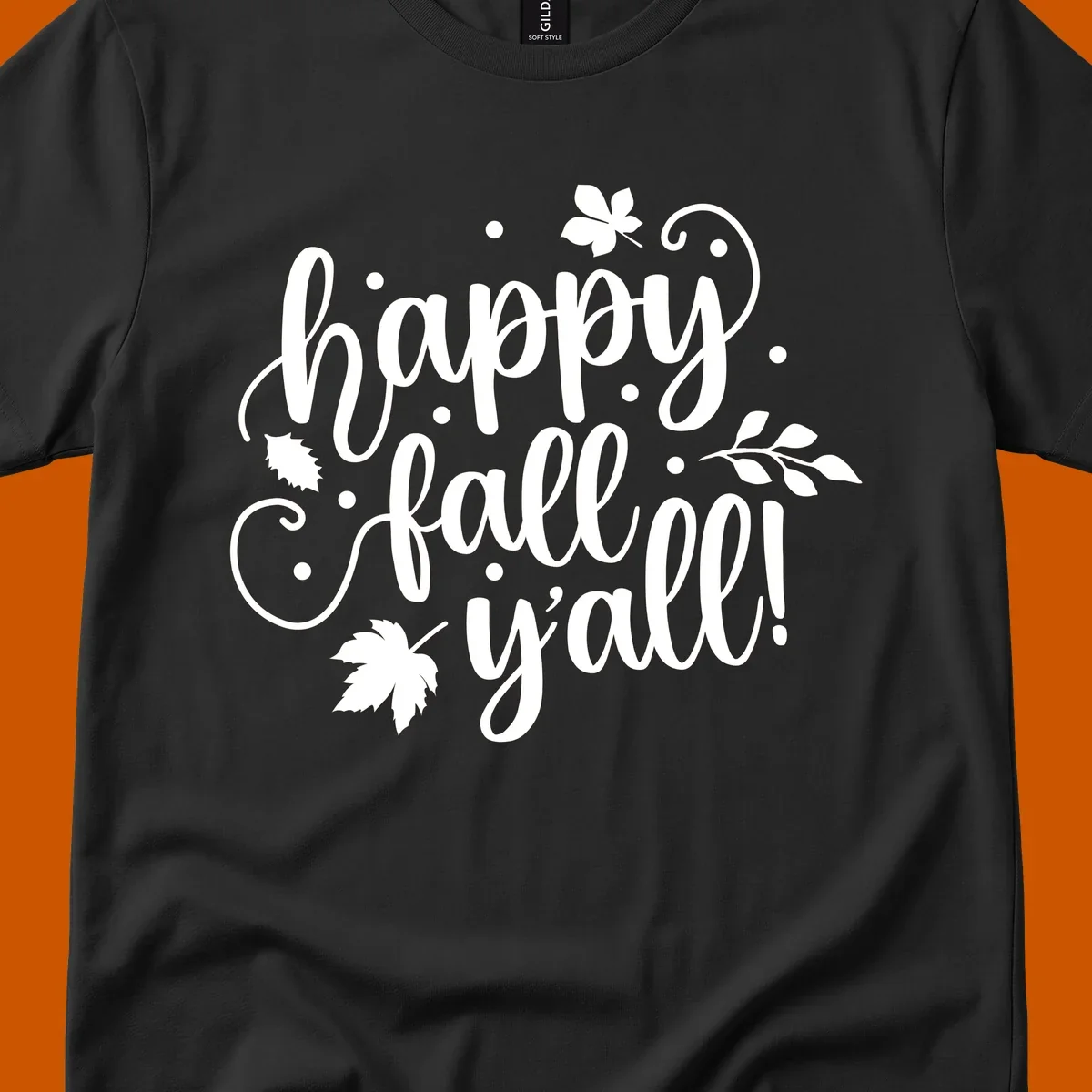 Happy Fall Y'all script design with maple leaves and swirls.