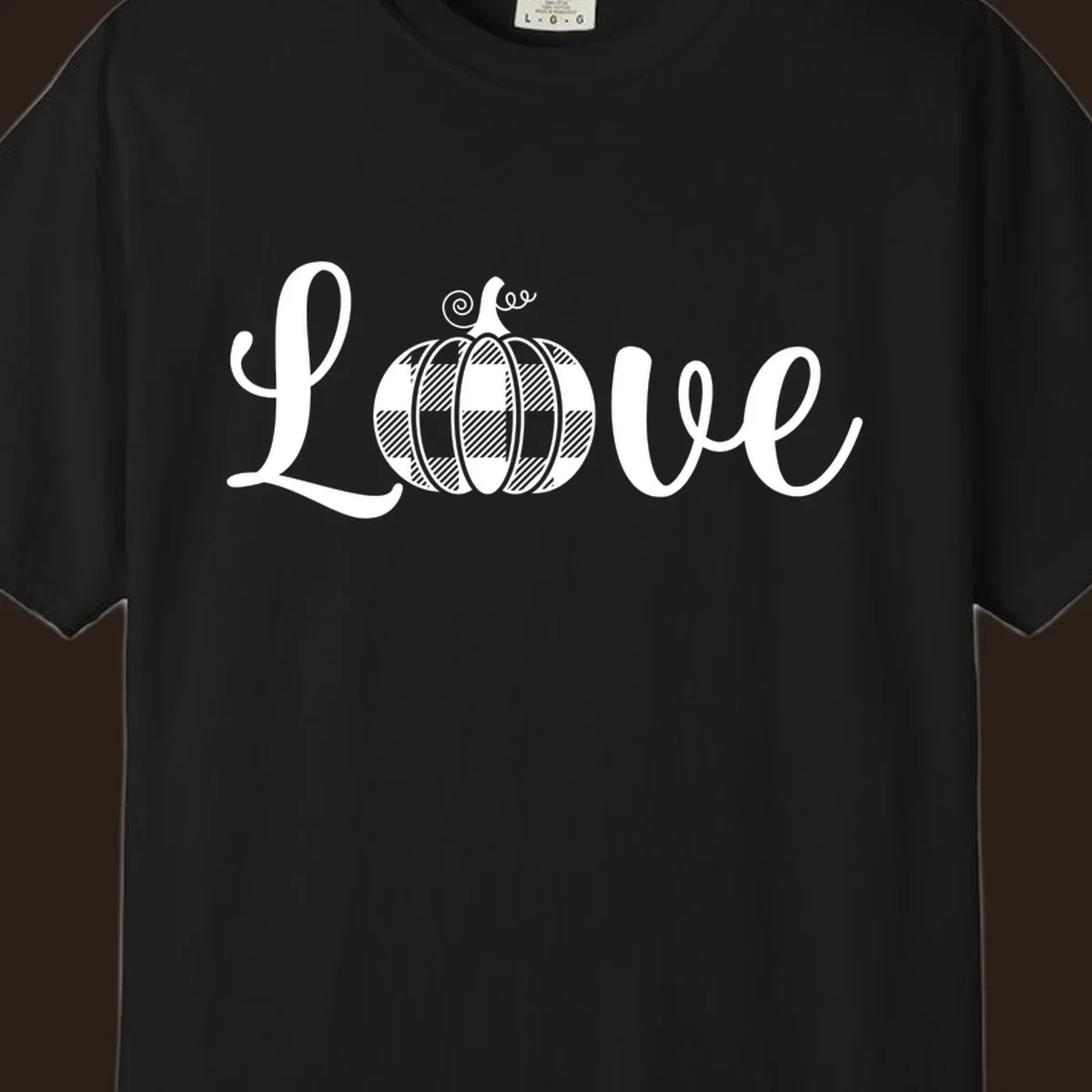 Love pumpkin buffalo plaid script text design.