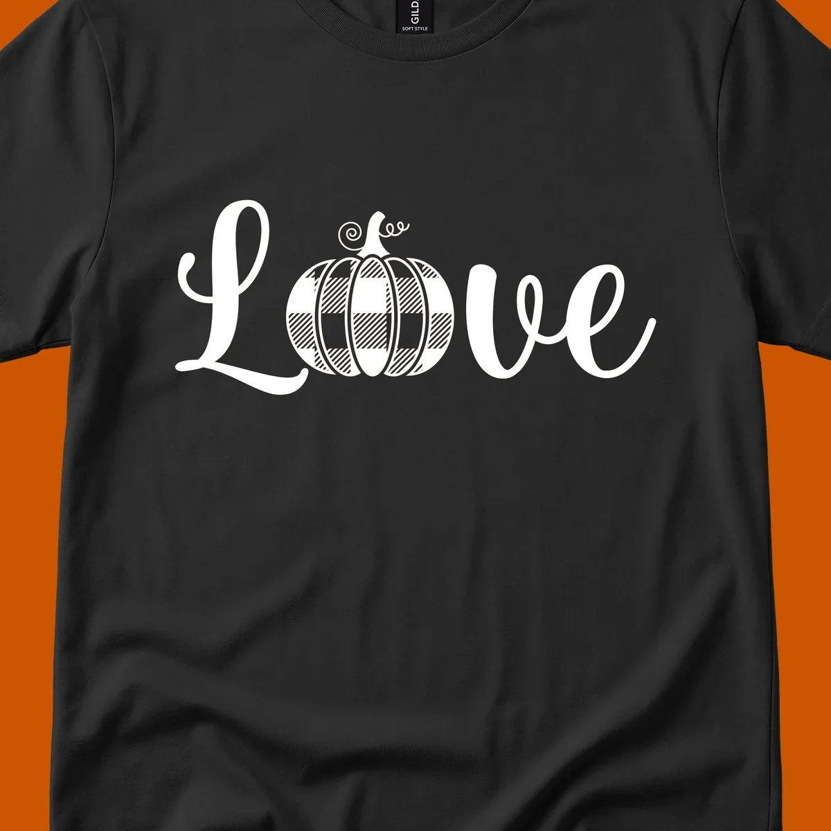 Love pumpkin buffalo plaid script text design.