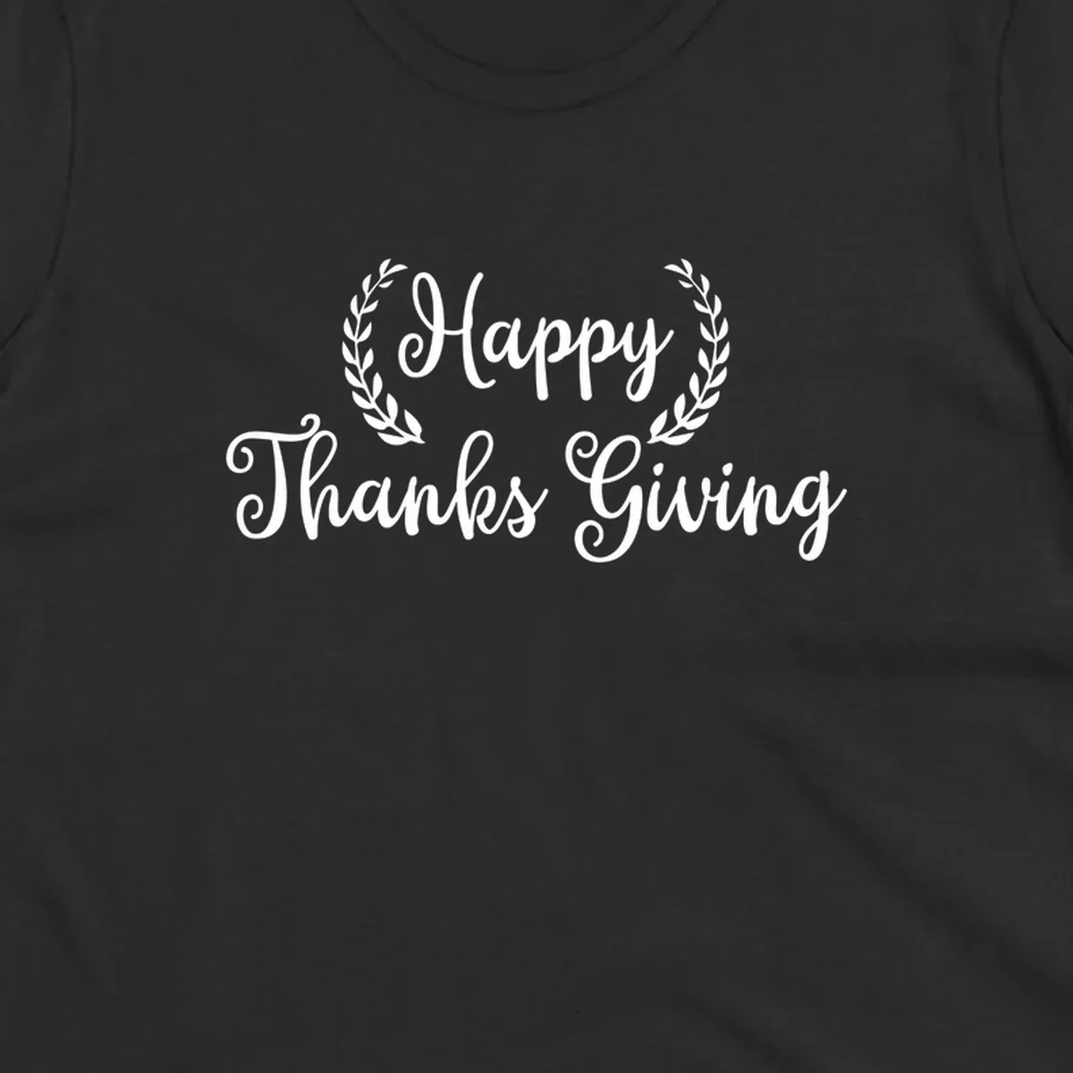 Happy Thanksgiving text with a laurel wreath, in white on black and black on white.