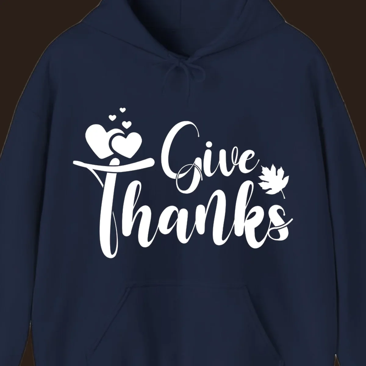 Give Thanks Thanksgiving family design with hearts and maple leaf.