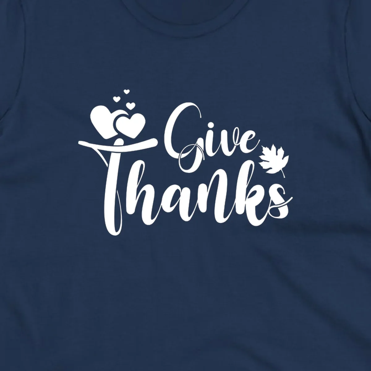 Give Thanks Thanksgiving family design with hearts and maple leaf.