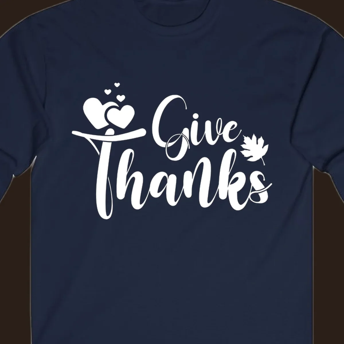 Give Thanks Thanksgiving family design with hearts and maple leaf.