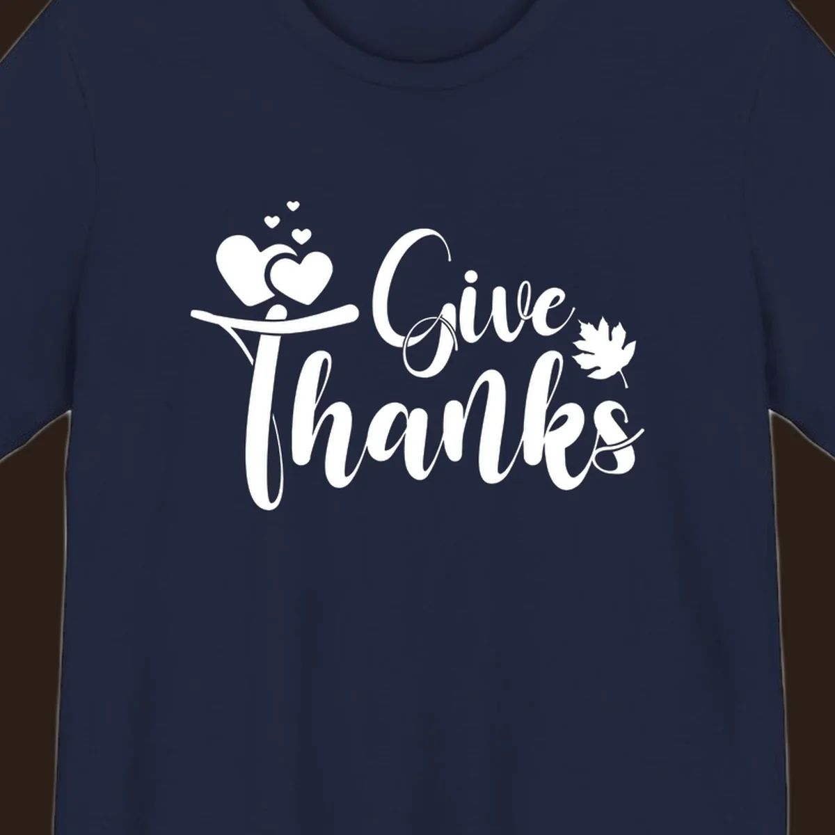 Give Thanks Thanksgiving family design with hearts and maple leaf.