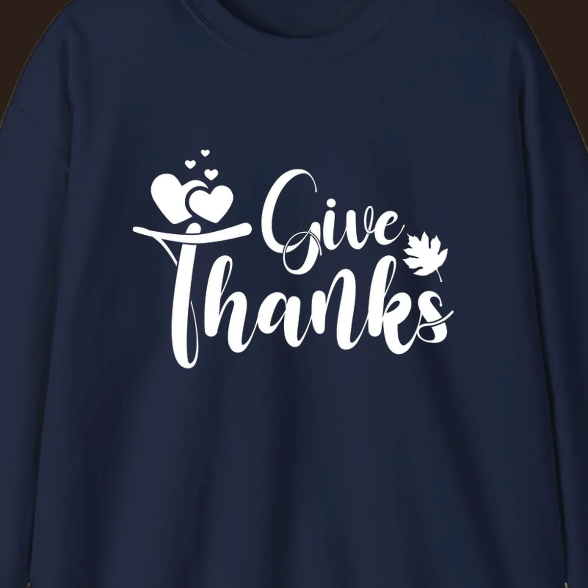 Give Thanks Thanksgiving family design with hearts and maple leaf.