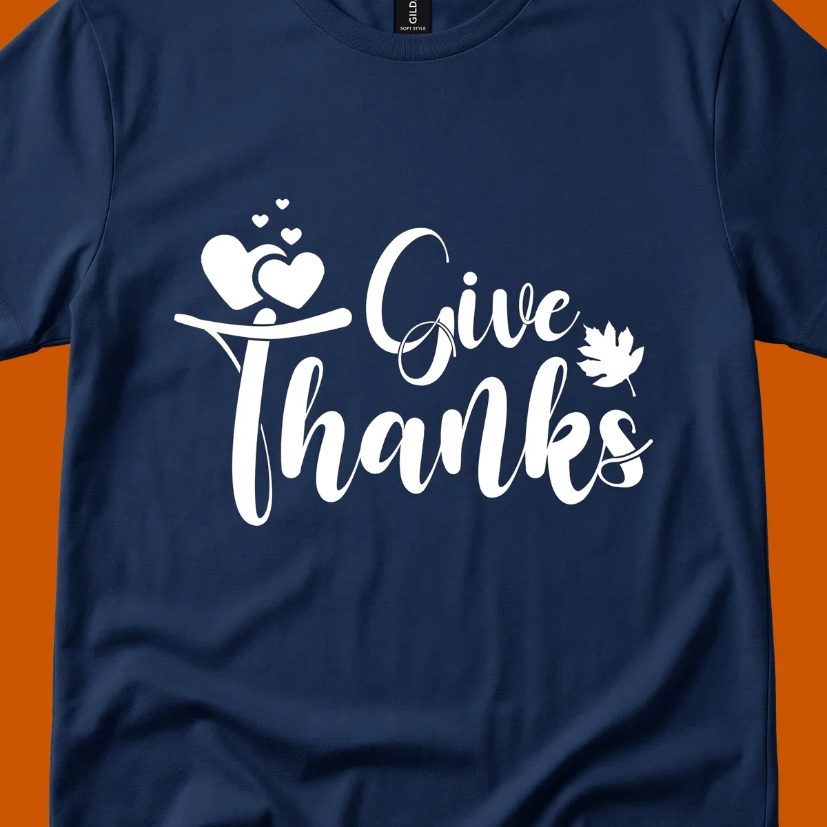 Give Thanks Thanksgiving family design with hearts and maple leaf.