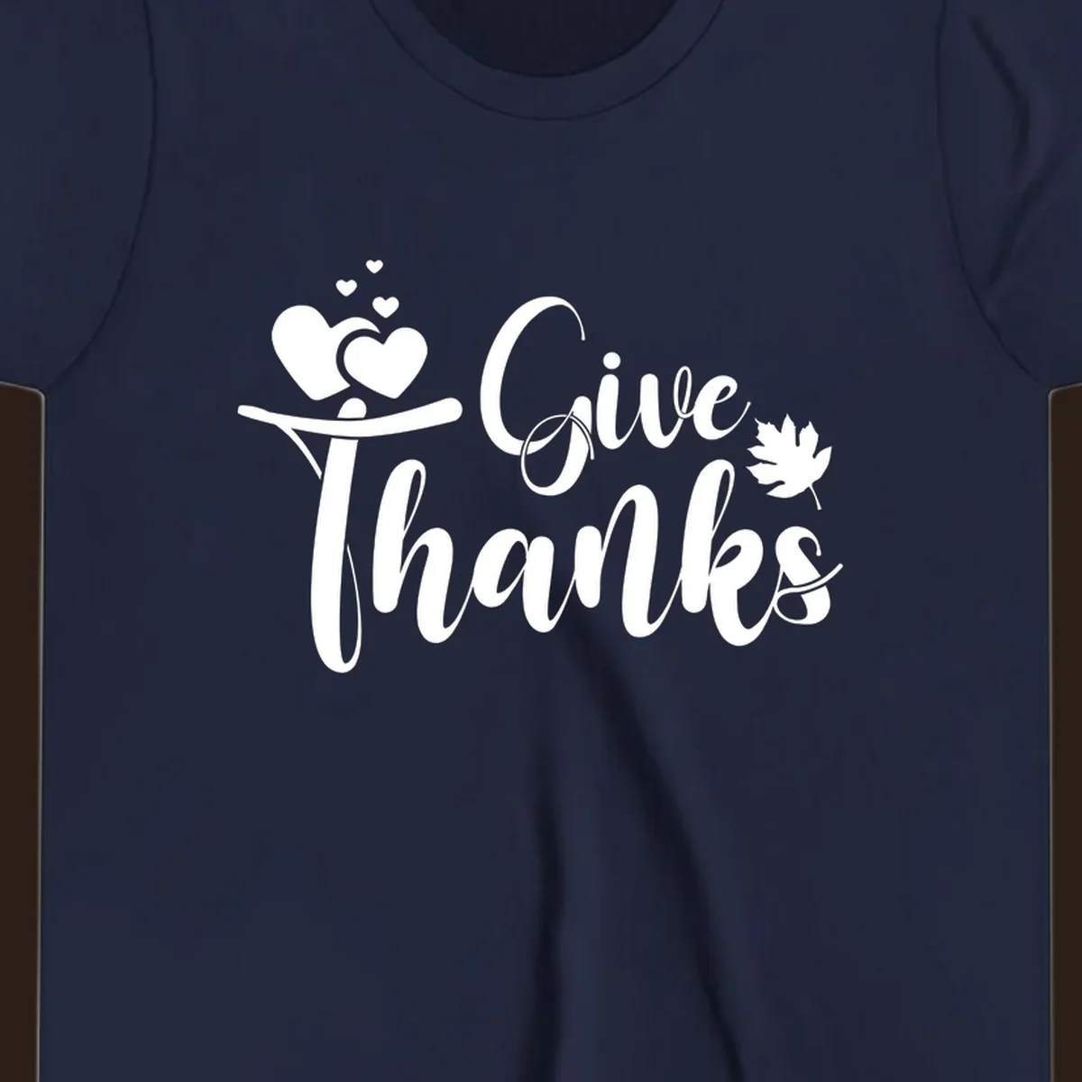 Give Thanks Thanksgiving family design with hearts and maple leaf.
