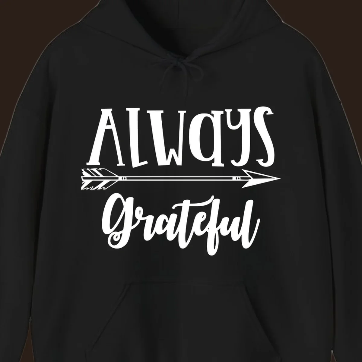 Always Grateful arrow design with white text on black and white backgrounds.