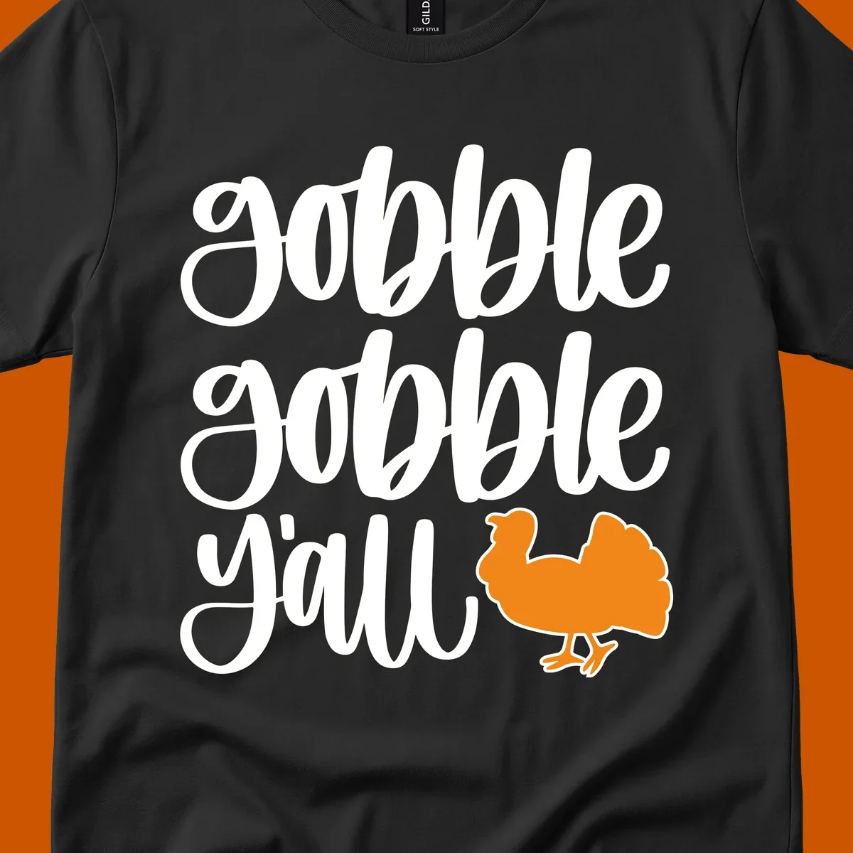 Gobble gobble y'all text with a turkey illustration, gobble-gobble-turkey Thanksgiving design.