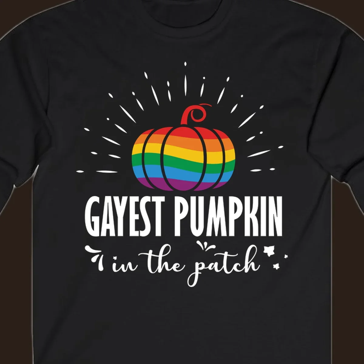 Gayest pumpkin in the patch design with rainbow pumpkin and text.