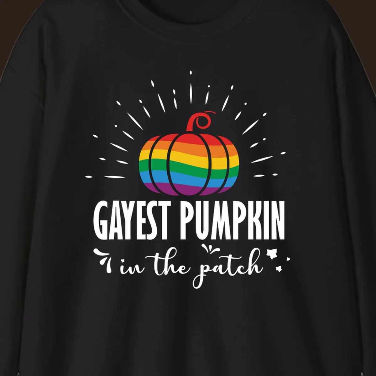 Gayest pumpkin in the patch design with rainbow pumpkin and text.