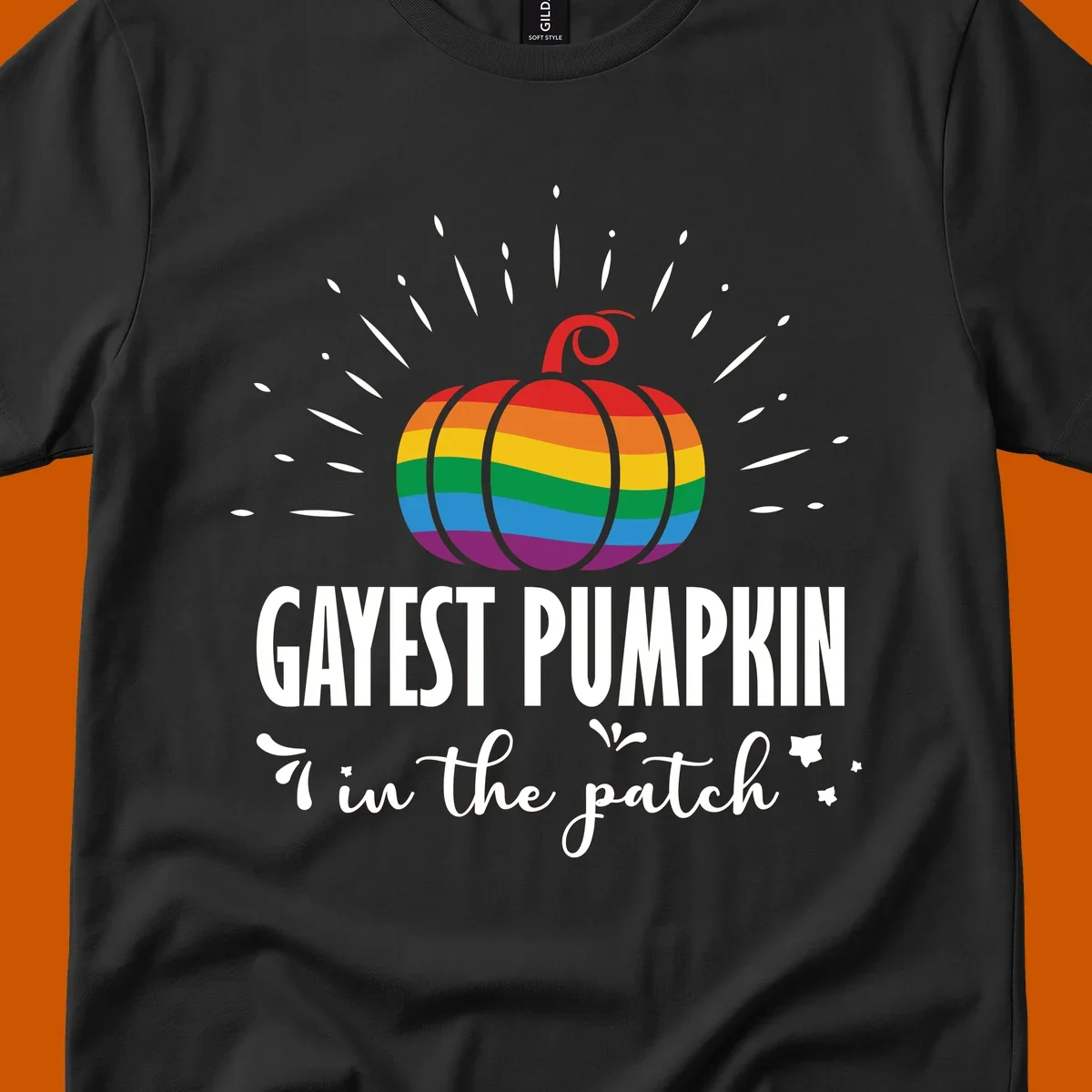 Gayest pumpkin in the patch design with rainbow pumpkin and text.