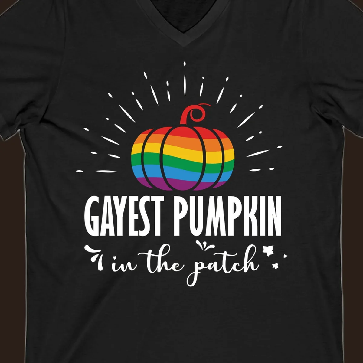 Gayest pumpkin in the patch design with rainbow pumpkin and text.