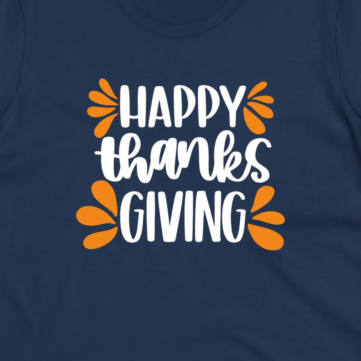 Happy Thanksgiving text with orange leaf accents, typography design.