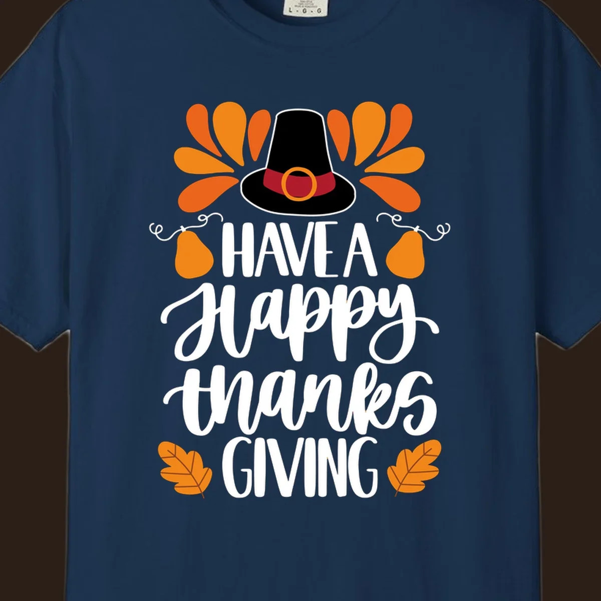 Have a Happy Thanksgiving phrase with pilgrim hat, fall leaves, and pumpkins illustration.