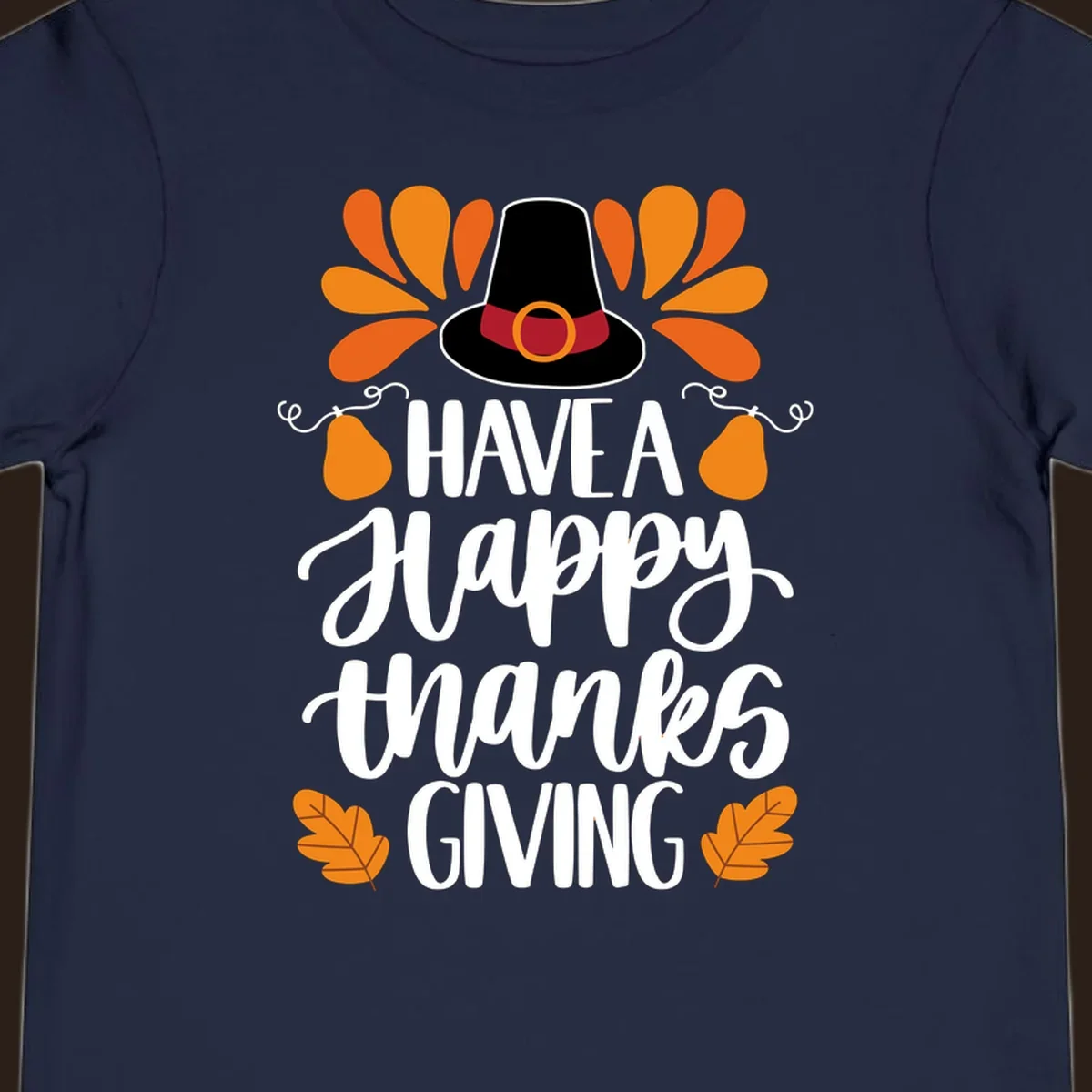 Have a Happy Thanksgiving phrase with pilgrim hat, fall leaves, and pumpkins illustration.