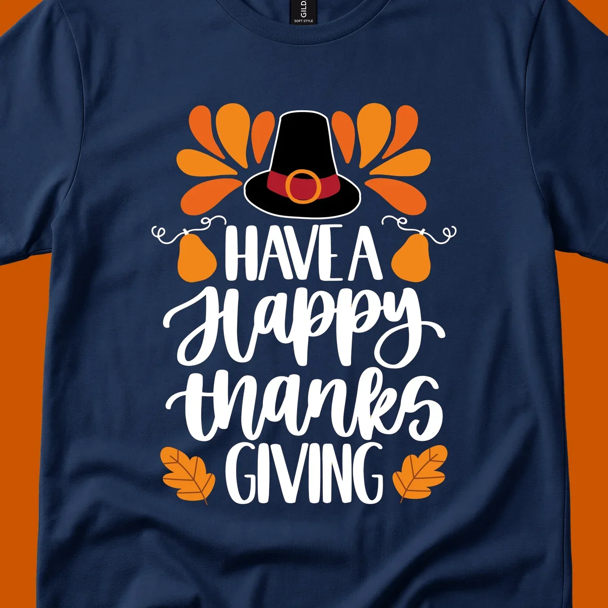 Have a Happy Thanksgiving phrase with pilgrim hat, fall leaves, and pumpkins illustration.